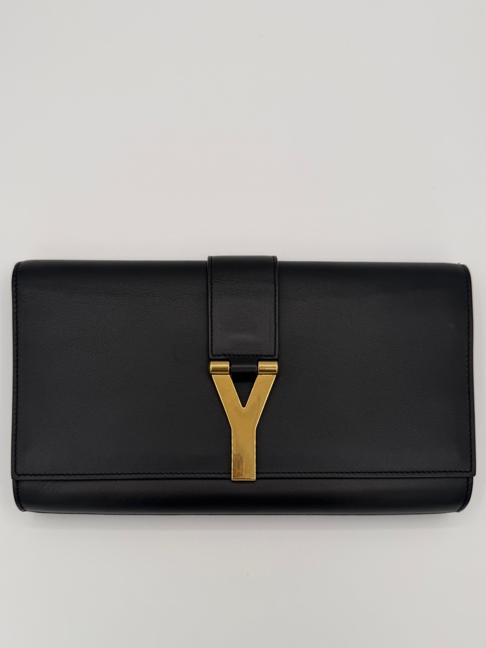 Saint Laurent YSL Chyc Y Clutch Black Leather Gold Tone Hardware